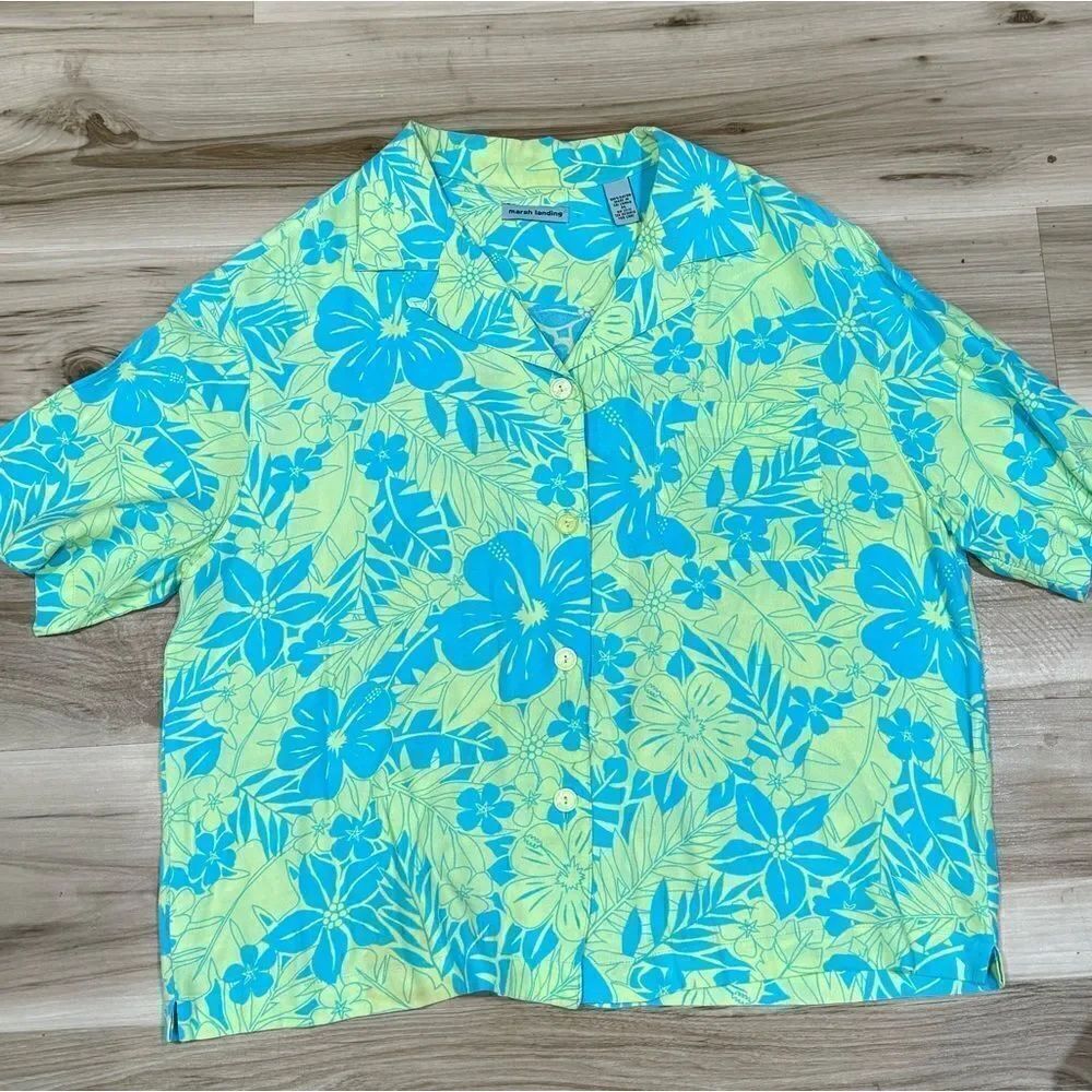 Marsh Landing Y2K 90’s Hawaiian Shirt Green Blue Men’s Medium